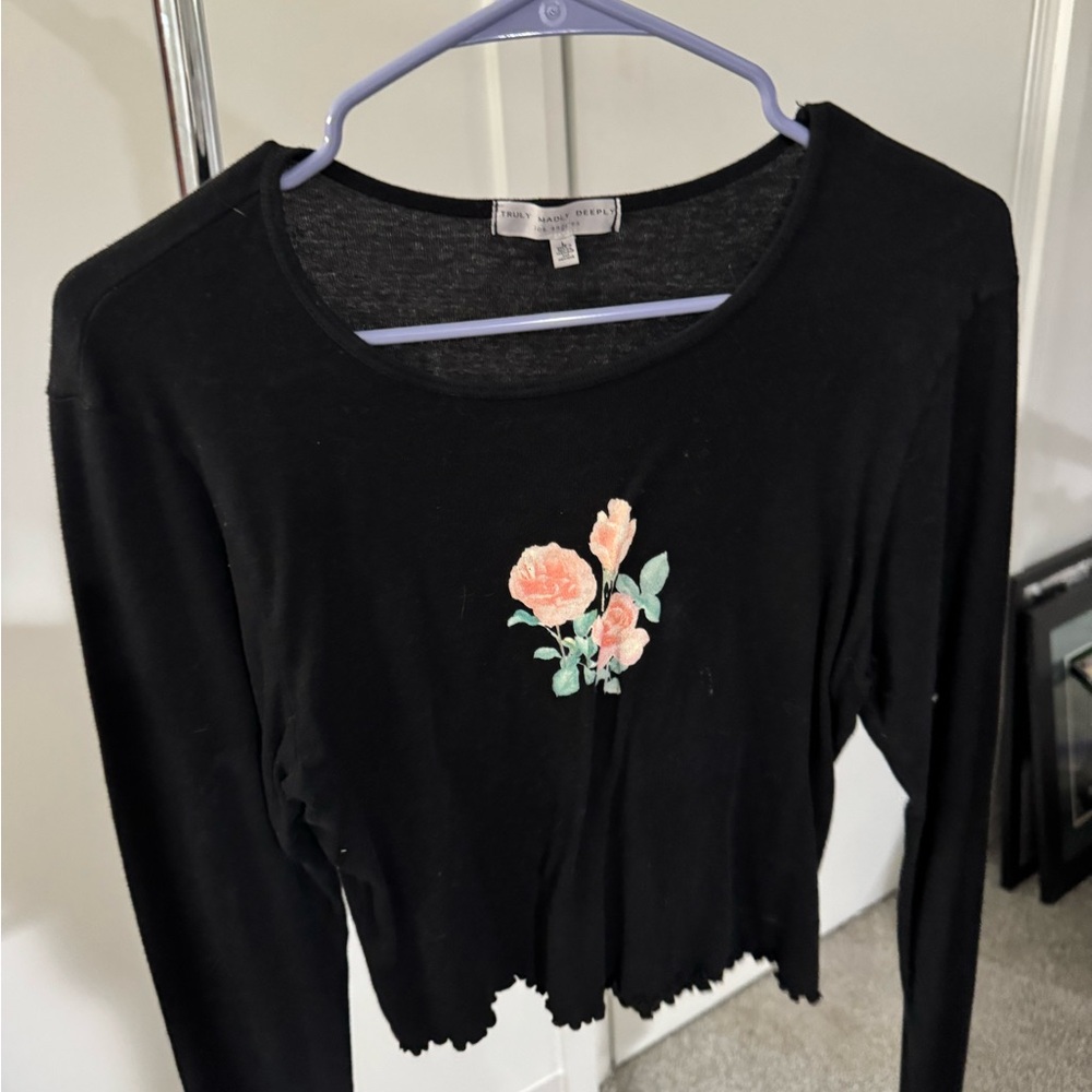 Truly Madly Deeply Black Top with Floral Embroidery